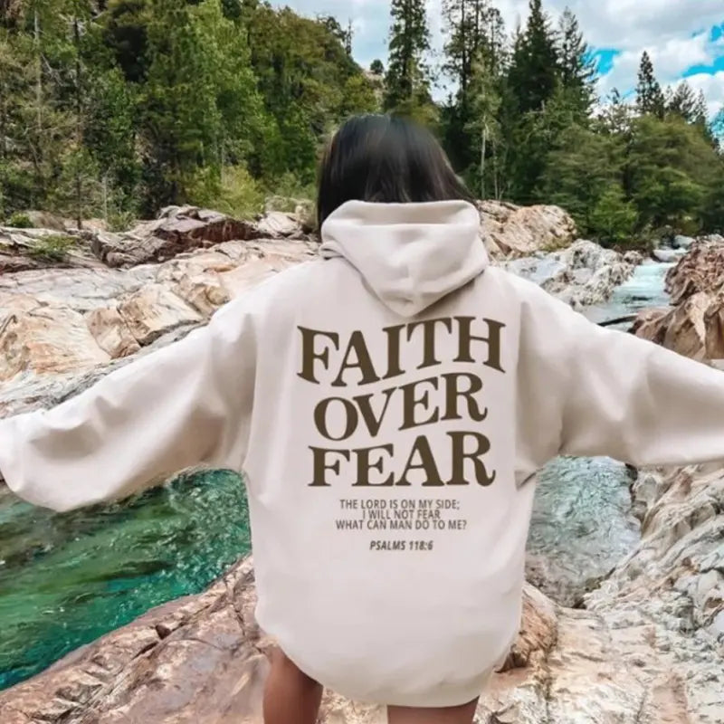 Gray Faith Over Fear hoodie by My Store, featuring bold text design on the front, casual fit, and soft fabric.