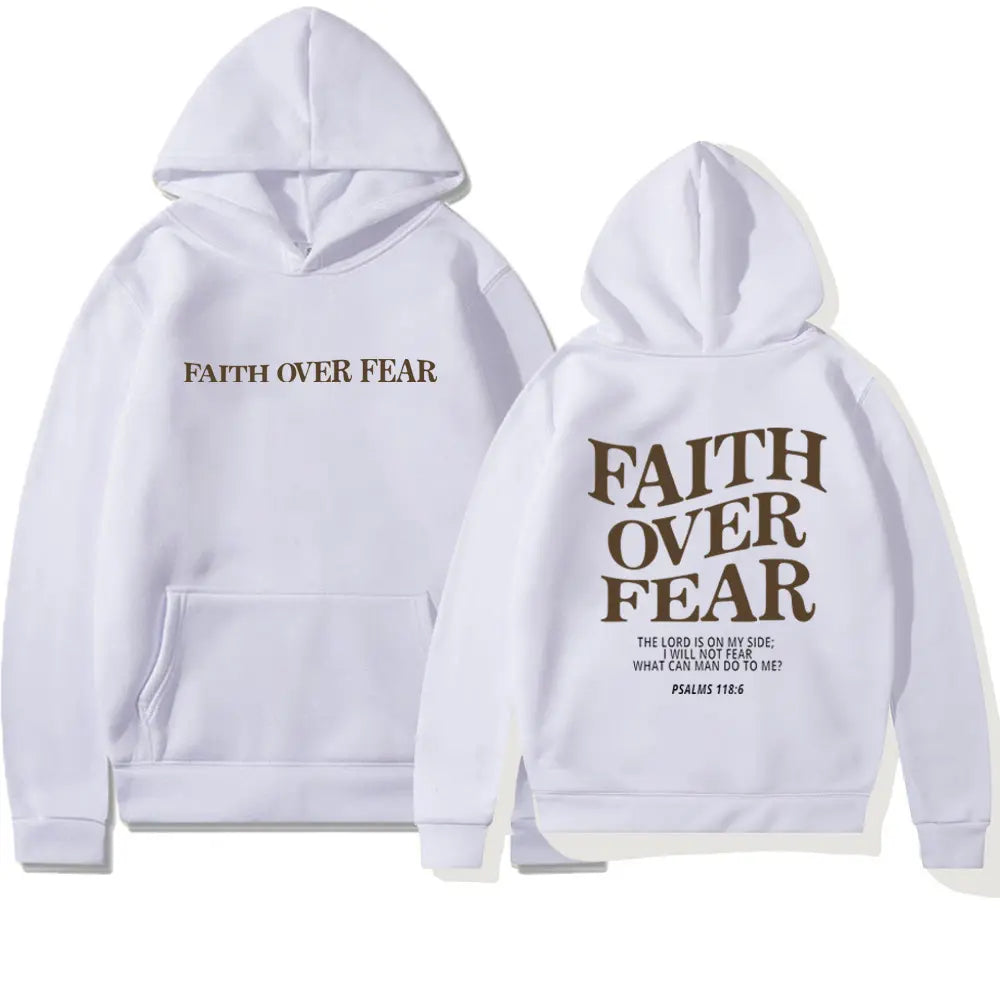 Black Faith Over Fear hoodie by My Store featuring bold white lettering on the front, casual fit and comfortable fabric.