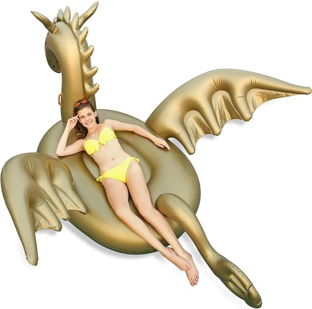 Giant 103-inch golden dragon pool float by Luxy Float, featuring a detailed dragon design for swimming and lounging in the pool.