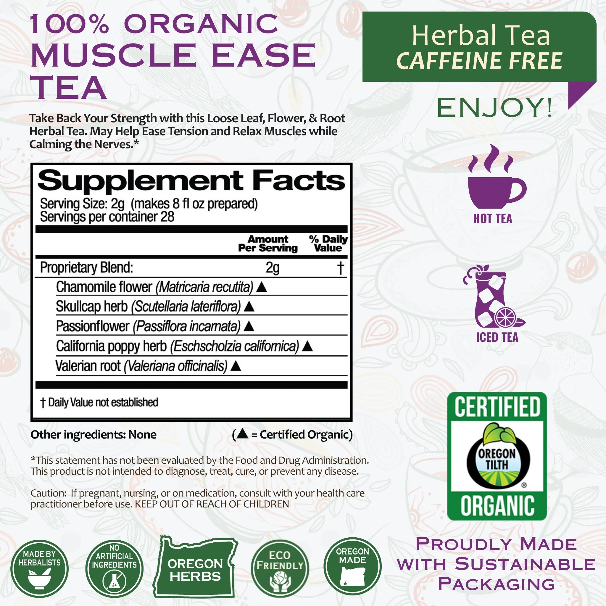 Hercules Muscle Ease Organic Herbal Tea in a clear glass cup with dried herbs and a tea infuser, promoting muscle relaxation and wellness