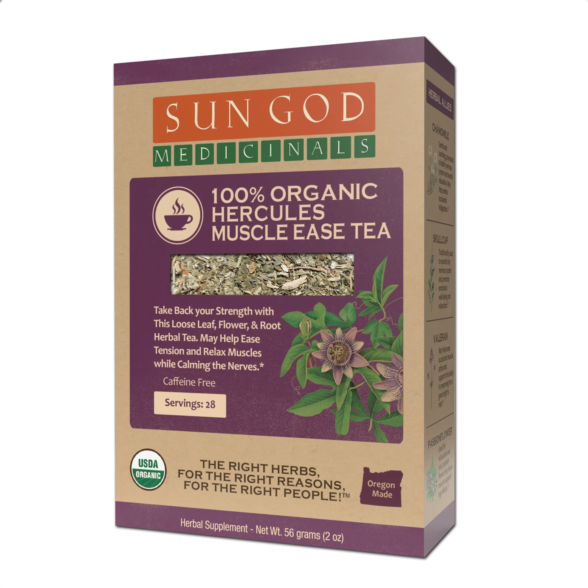 Hercules Muscle Ease Organic Herbal Tea in a glass mug with herbs and leaves, promoting relaxation and muscle relief.
