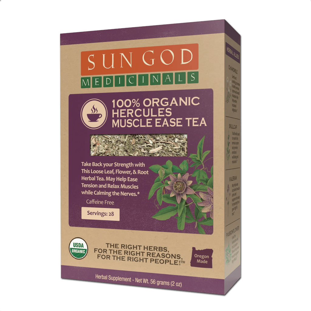 Hercules Muscle Ease Organic Herbal Tea in a glass mug with tea leaves and herbs, showcasing a calming, natural beverage.