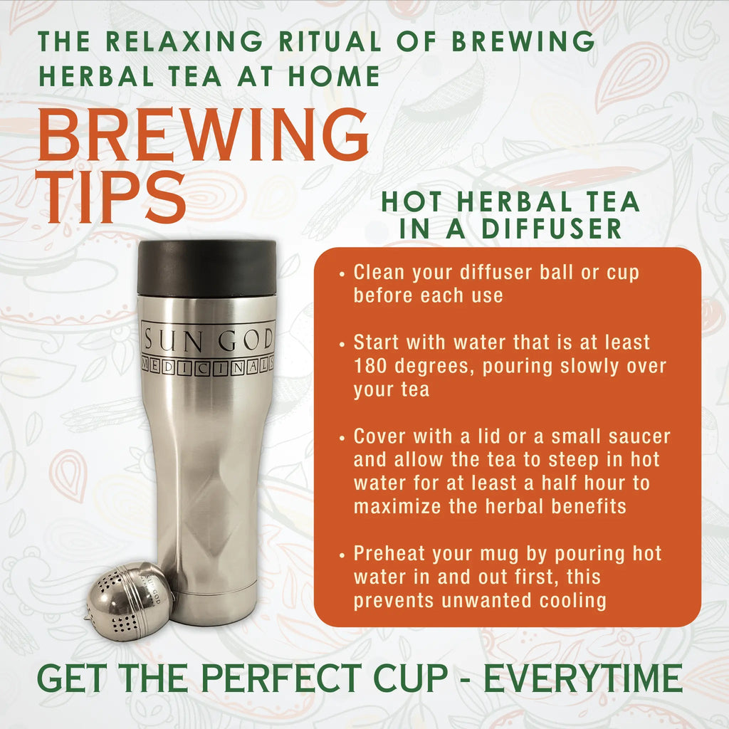 Hercules Muscle Ease Organic Herbal Tea in a glass mug with dried herbs and tea leaves, promoting muscle relaxation and herbal wellness.