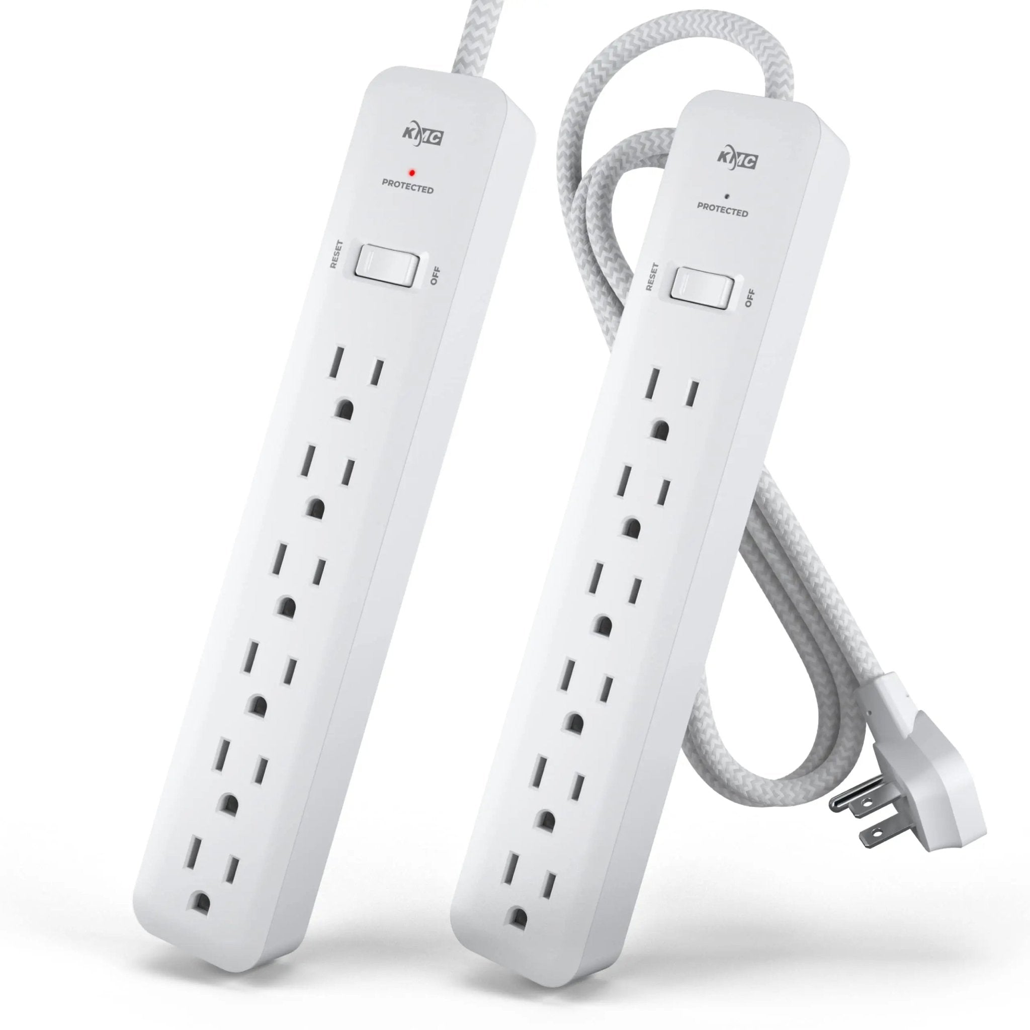 KMC 6-outlet surge protector power strips with 4-foot braided extension cords, flat plugs, and dual-pack for multiple devices.
