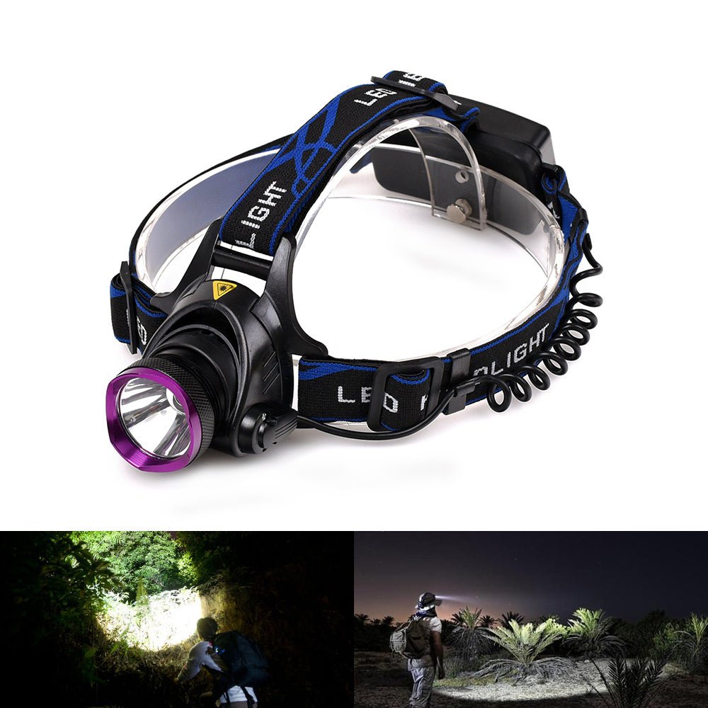 Vande T6 LED flashlight and adjustable headlamp with bright beam, black design, and head strap for hands-free illumination.