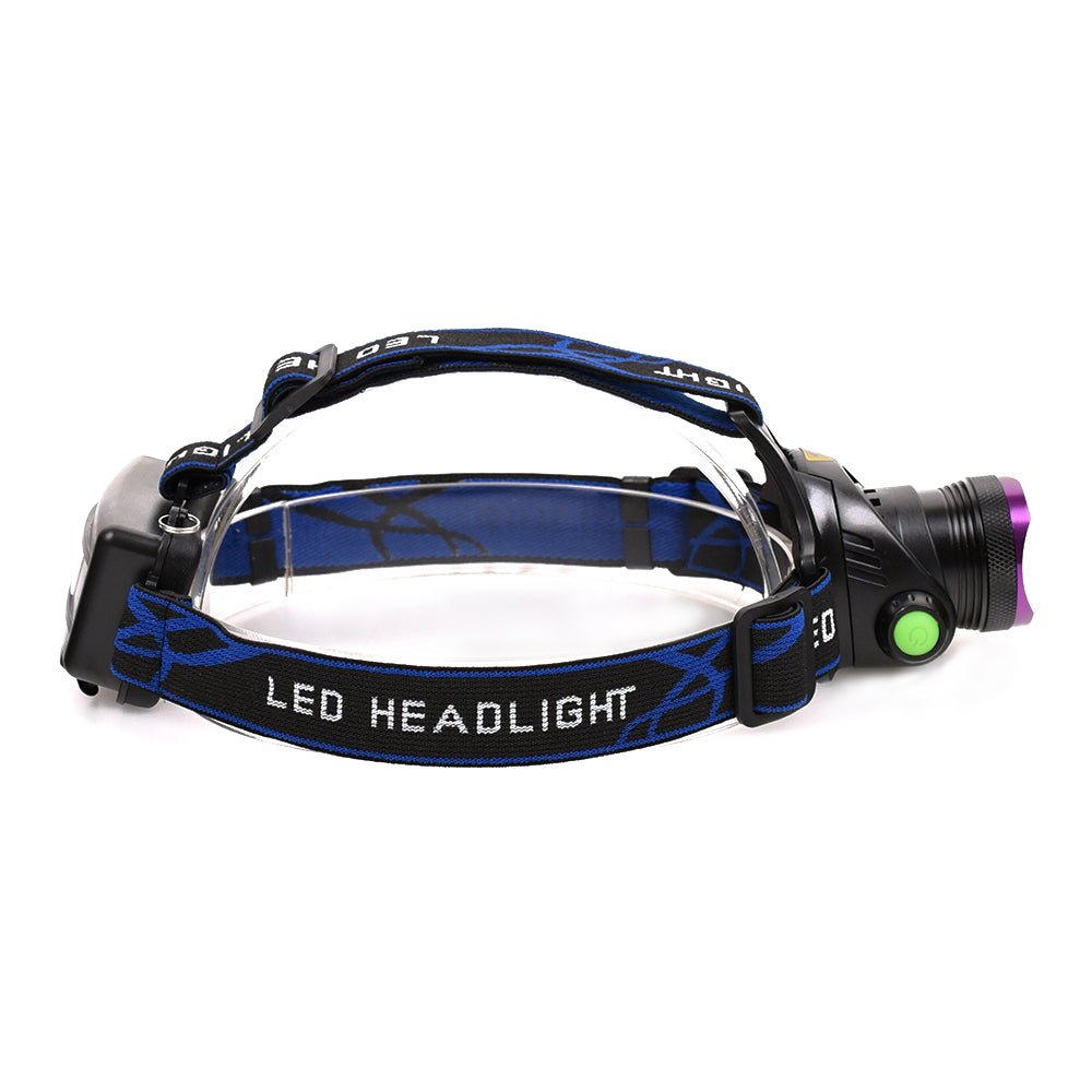Vande T6 LED flashlight and adjustable headlamp with head strap, black, compact design, suitable for outdoor or work use.