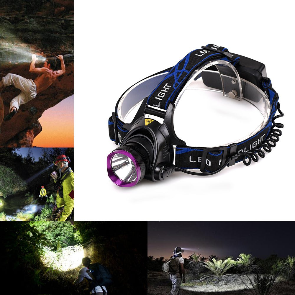 Vande T6 LED flashlight with adjustable headlamp, black, compact design, and multiple light modes for outdoor use