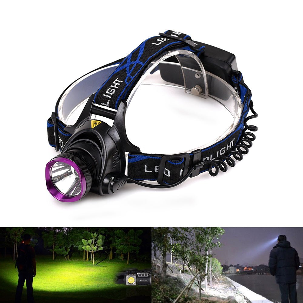 Vande T6 LED flashlight with adjustable headlamp, black, featuring a bright beam and flexible strap for hands-free lighting.