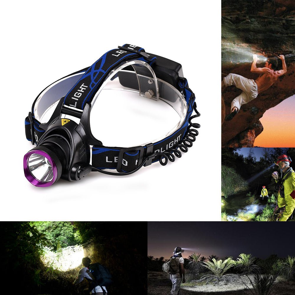 Vande T6 LED flashlight with adjustable headlamp and head strap, black and compact for outdoor or emergency use