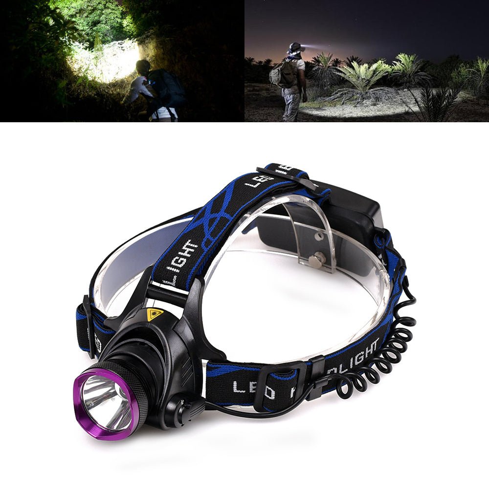 Vande T6 LED flashlight headlamp with adjustable strap and bright beam, ideal for outdoor and camping activities.