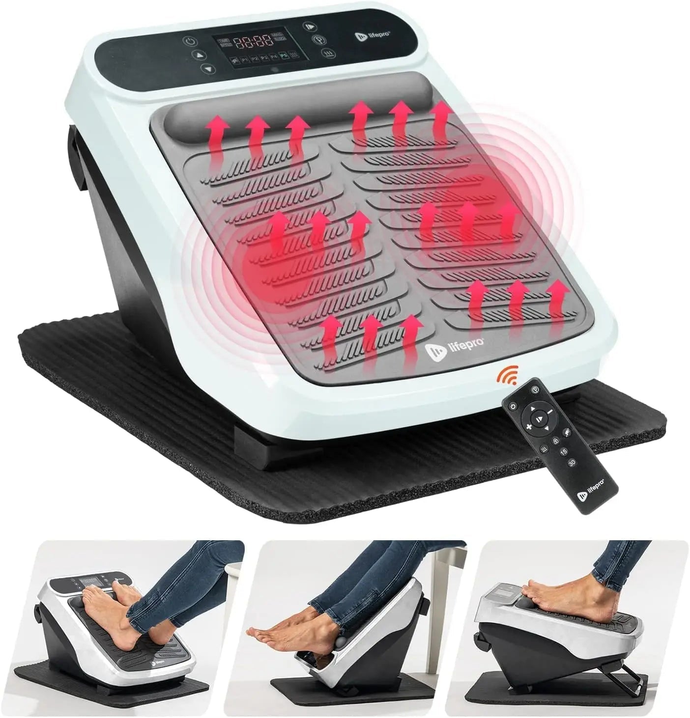 LifePro foot massager with vibrating therapy, heat, and calf relaxation for improved circulation and pain relief at home or under desk.