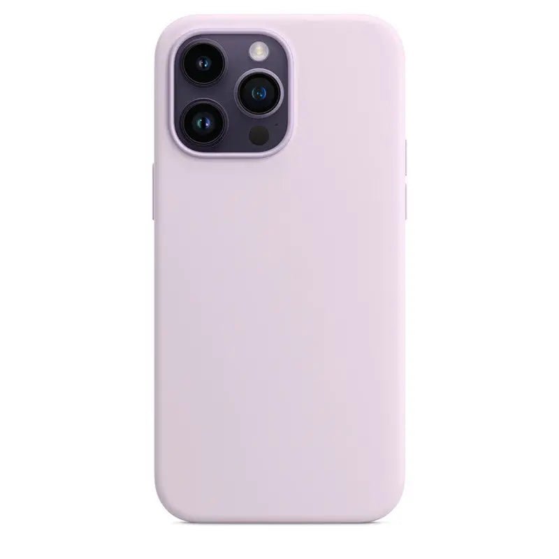 Liquid silicone case for iPhone 14 Pro Max with MagSafe, shown in soft pink, featuring a smooth, flexible design and precise cutouts.