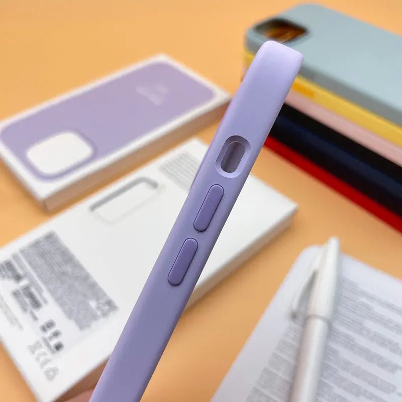 Liquid silicone case for iPhone 14 Pro Max with MagSafe, showing a smooth, flexible, protective phone cover in a neutral color.