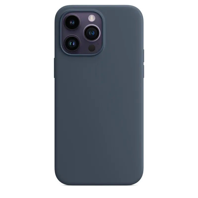 Liquid silicone case for iPhone 14 Pro Max with MagSafe, showing a smooth, flexible, protective phone cover in a neutral color.