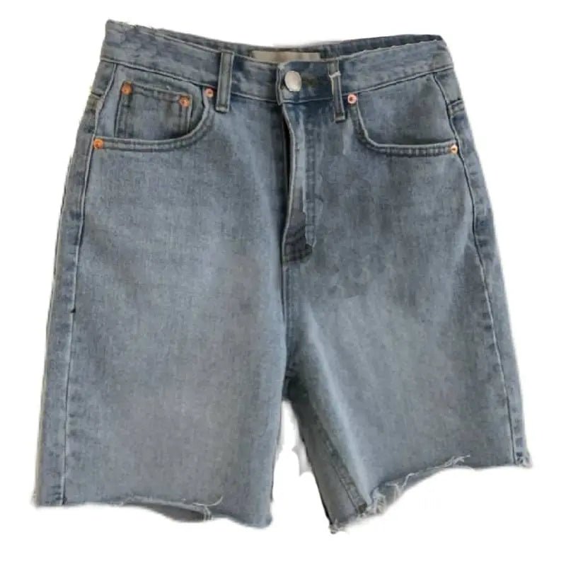 Light blue loose casual women's five-point denim shorts with frayed edges and five-pocket design, perfect for relaxed summer wear.