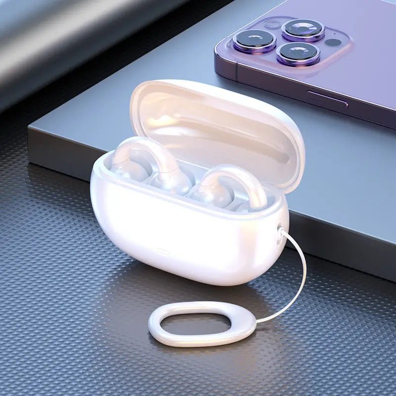 M55 Bone Conduction Bluetooth Earphones for sports, showing sleek design and open-ear fit for active use.