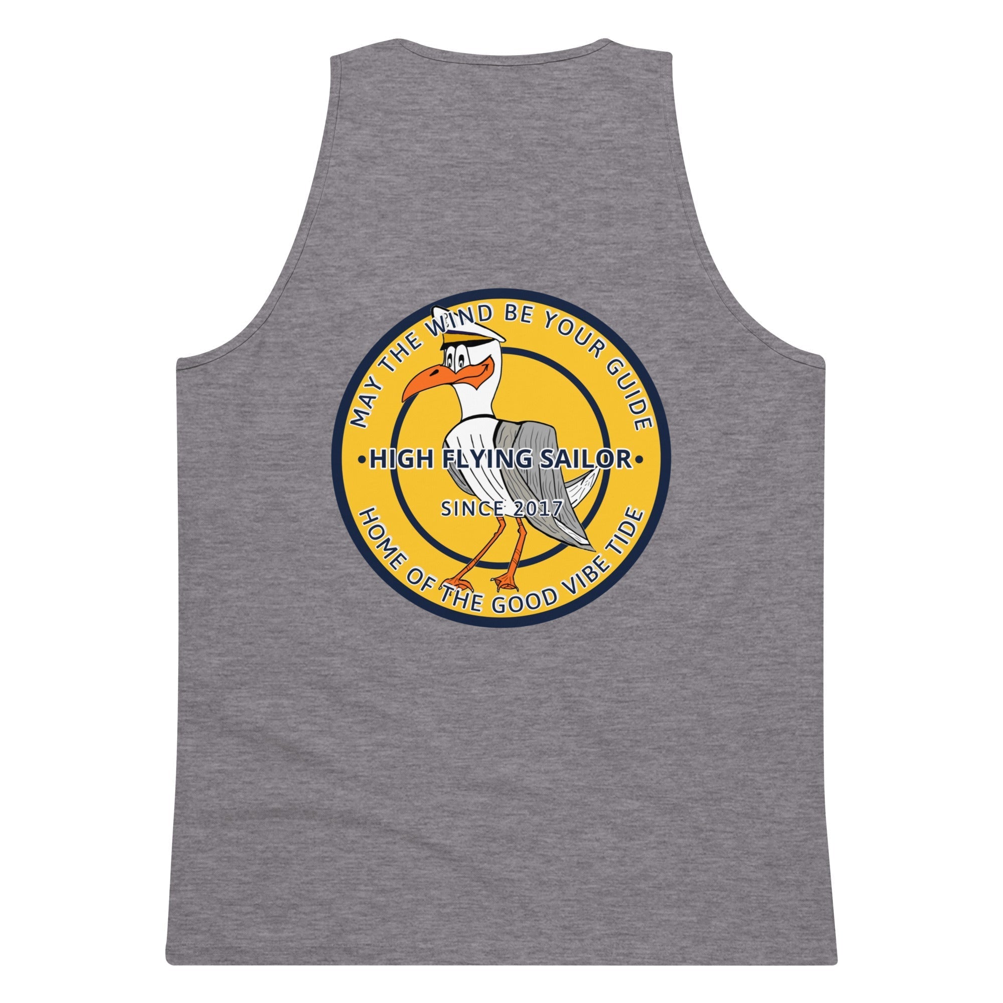 Men’s premium high flying sailor tank top with nautical print, sleeveless design, and comfortable fit for casual summer wear.