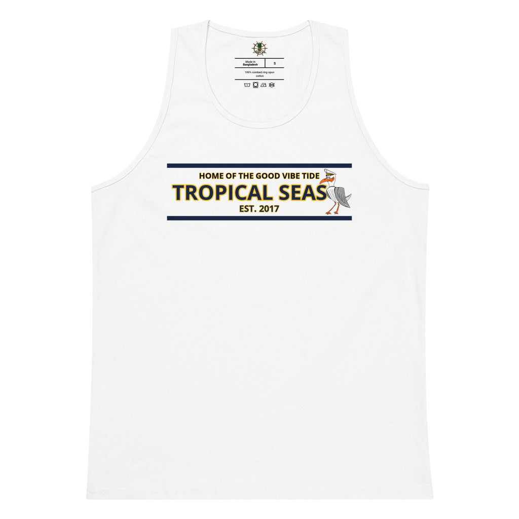 Men’s premium high-flying sailor tank top in navy with white sailboat graphic, sleeveless design, and comfortable fit.