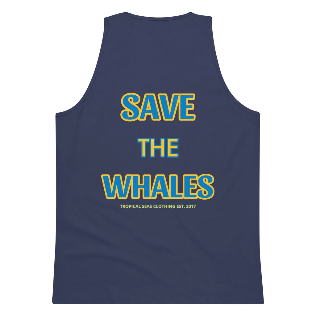 Men’s premium Save the Whales tank top featuring a whale graphic and breathable fabric, ideal for casual wear and environmental awareness.