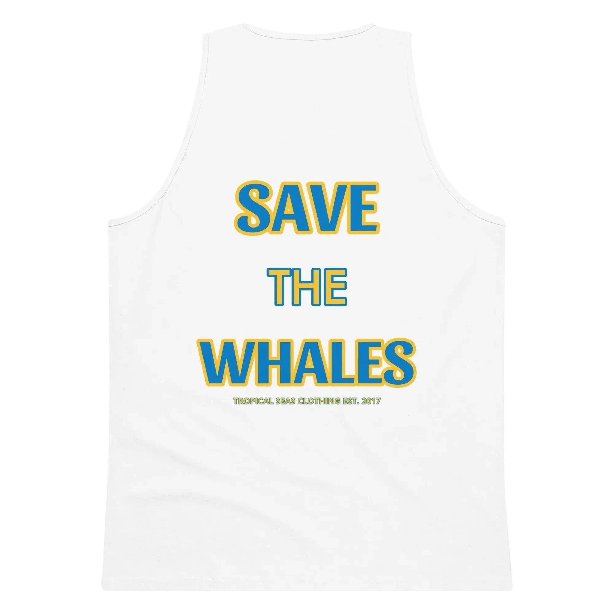 Men’s premium Save the Whales tank top featuring a whale graphic on lightweight fabric, perfect for casual wear.