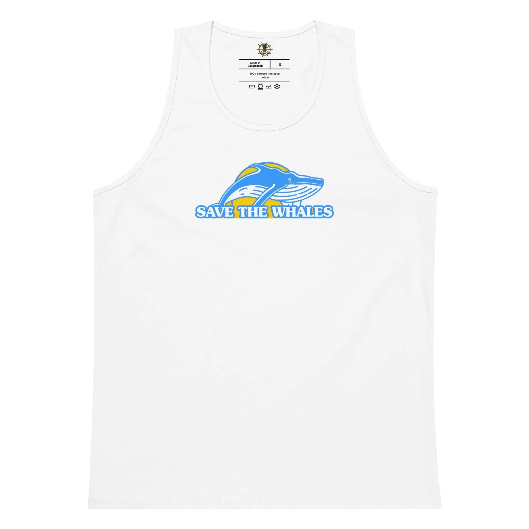 Men’s premium Save the Whales tank top featuring a whale graphic and comfortable fit, ideal for casual wear.