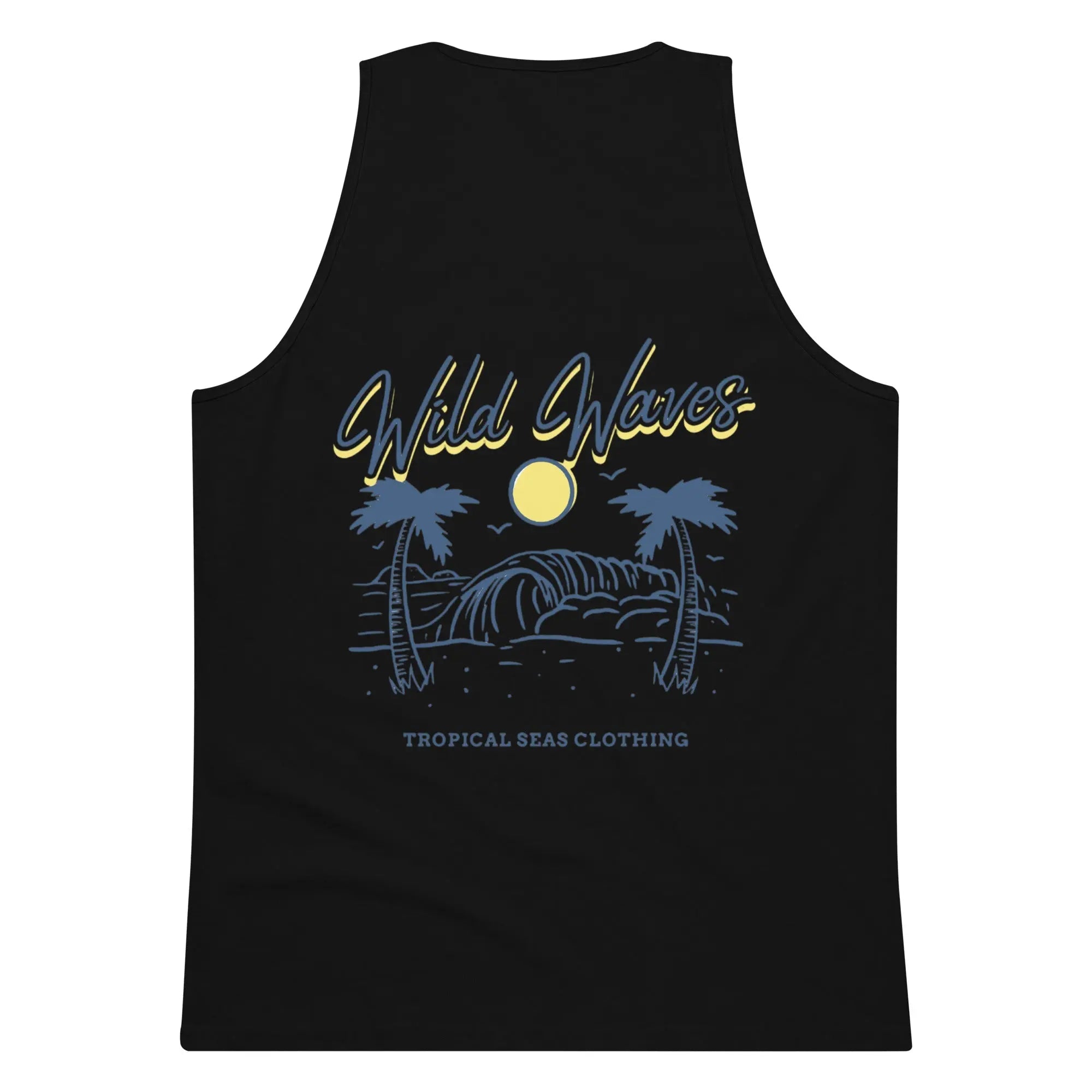Men’s premium Wild Waves tank top by My Store featuring a colorful wave pattern on lightweight fabric.