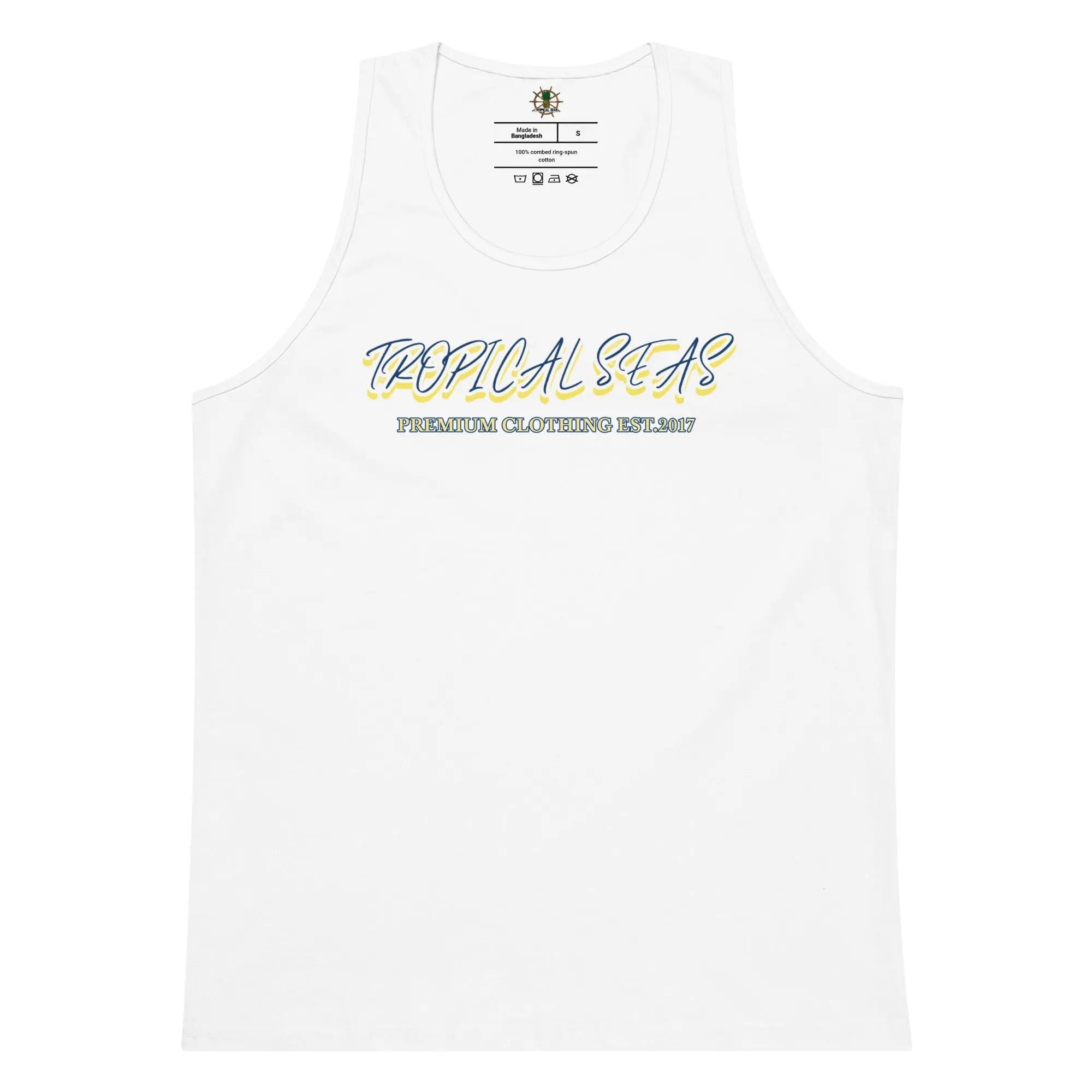 Men's premium Wild Waves tank top with a vibrant wave pattern, sleeveless design, lightweight fabric, and casual style.