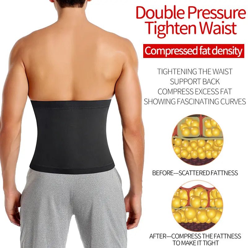 Men's sauna body shaper waist trainer slimming belt, designed to contour the waist and enhance body shaping.