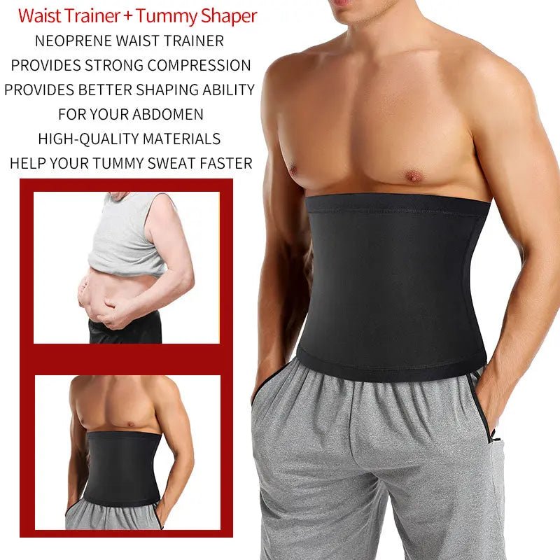 Men's sauna body shaper waist trainer slimming belt, designed to contour the waist and enhance slimming effect.