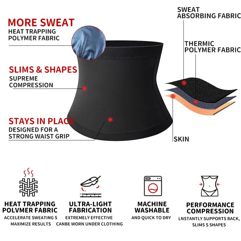 Men's sauna body shaper waist trainer slimming belt, adjustable fitness belt for core support and body shaping.