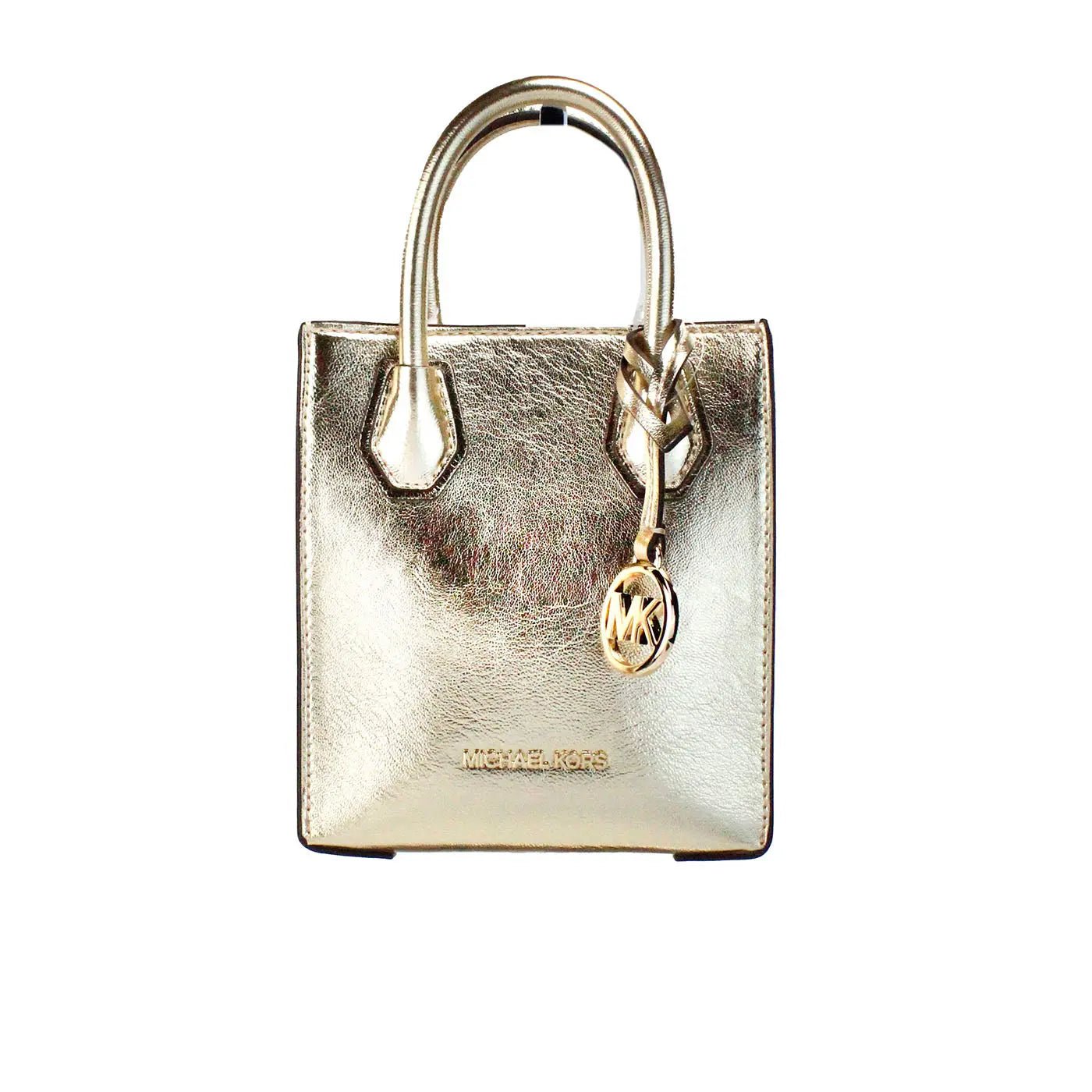 Michael Kors Mercer XS pale gold crossbody bag with sleek design and gold-tone hardware, perfect for stylish everyday use.