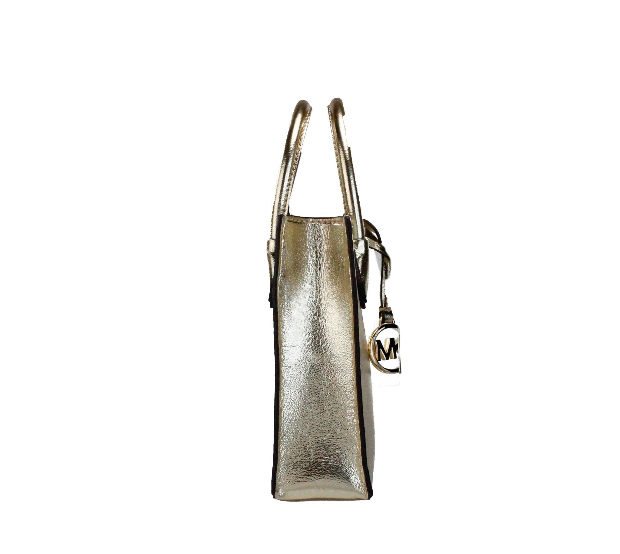 Michael Kors Mercer XS Pale Gold North South Crossbody Bag with gold-tone hardware and adjustable strap.