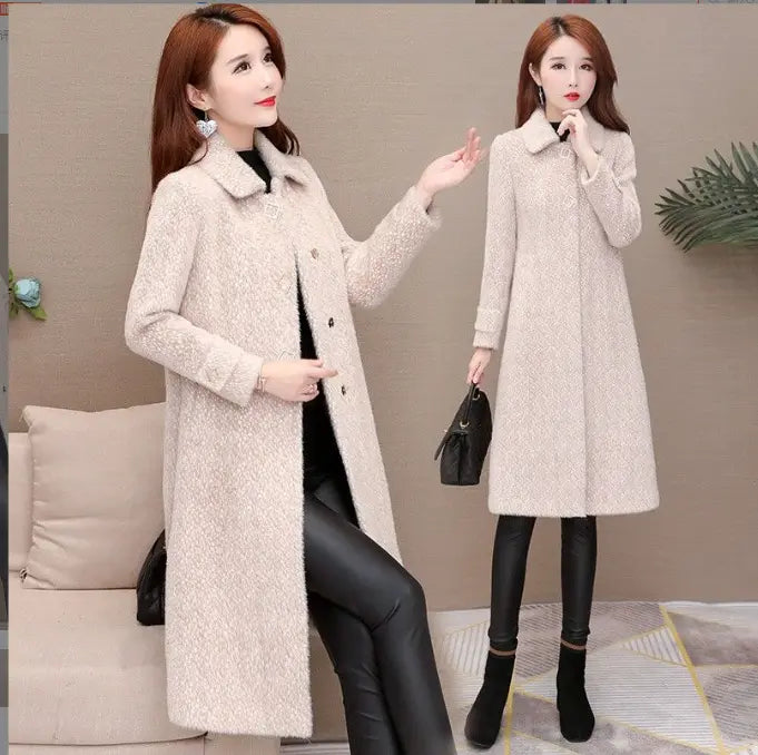 Mid-length padded imitation mink fleece coat for women, showcasing plush fleece material and cozy winter style.