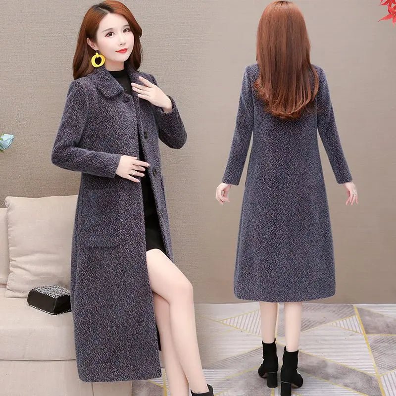 Mid-length padded imitation mink fleece coat for women with plush texture and cozy design, perfect for cold weather.