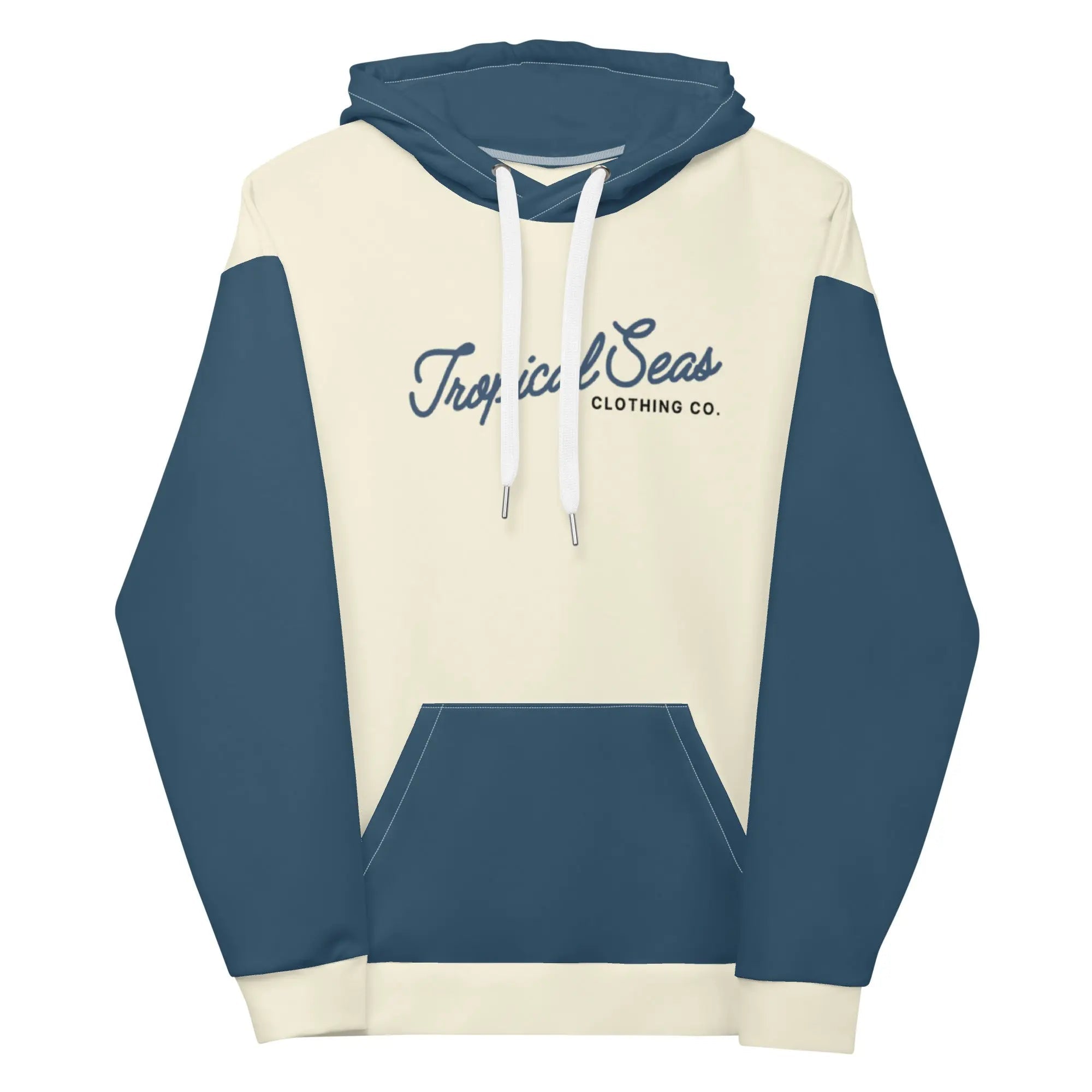 Navy and off-white two-toned tropical seas hoodie with a relaxed fit and tropical print, casual wear by My Store.