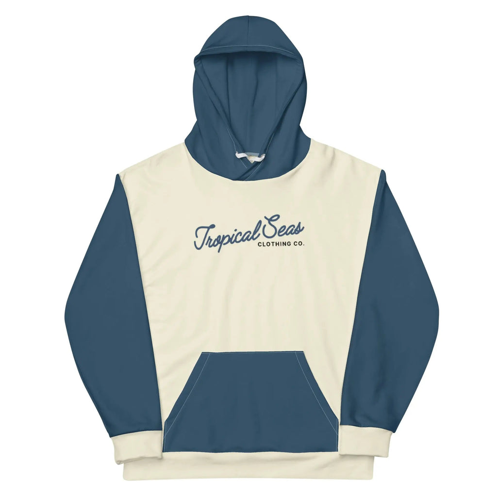 Navy and off-white two-toned tropical seas hoodie with a relaxed fit, featuring a tropical print design on the front.
