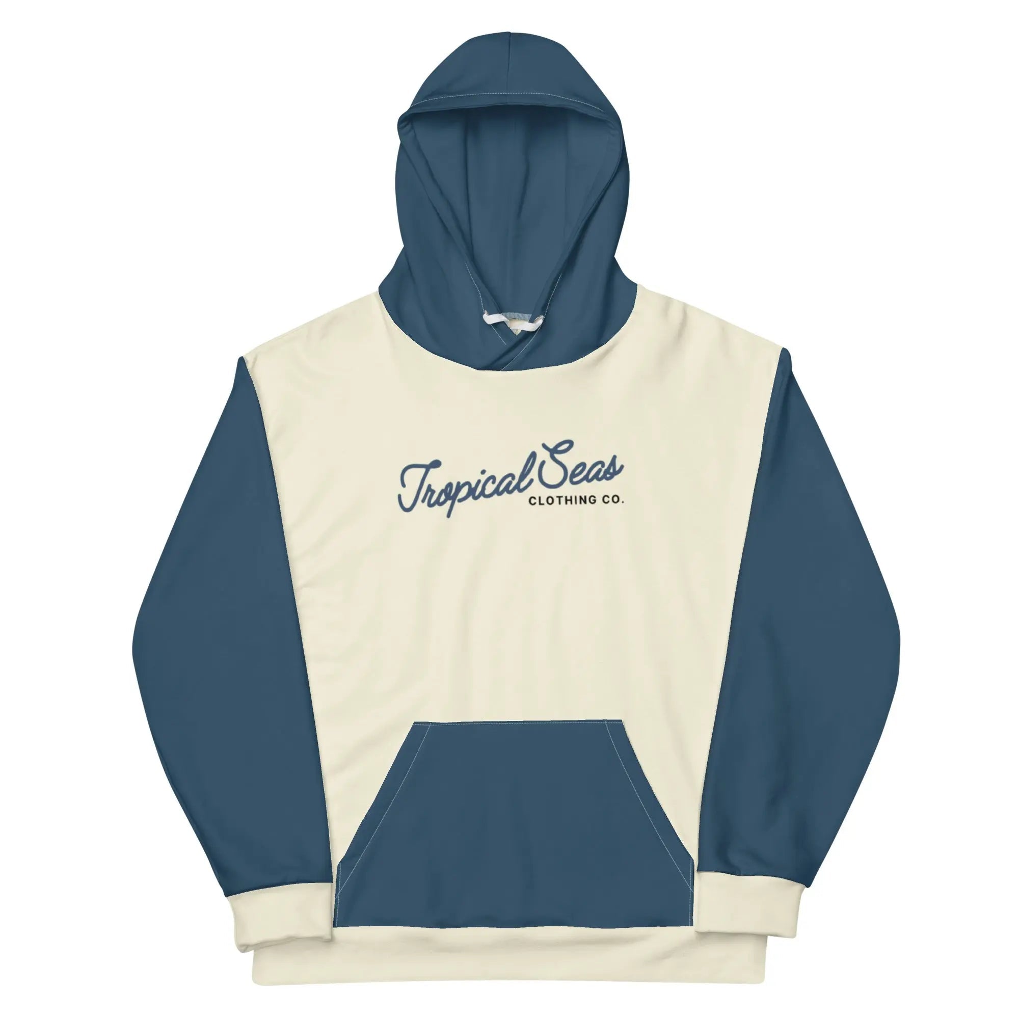 Navy and off-white two-toned tropical seas hoodie with a relaxed fit, featuring a tropical print design on the front.
