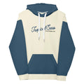 Navy and off-white two-toned tropical seas hoodie with a relaxed fit, featuring a hood and tropical sea print design.