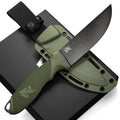 ODENWOLF W-FLAT full tang survival knife with sheath, D2 steel blade, TPE handle, ideal for bushcraft, camping, and hunting.