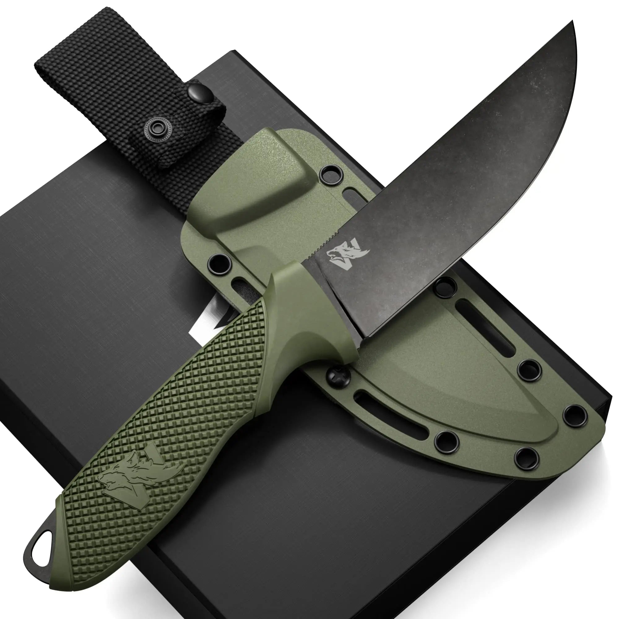 ODENWOLF W-FLAT full tang survival knife with sheath, D2 steel blade, TPE handle, ideal for bushcraft, camping, and hunting.