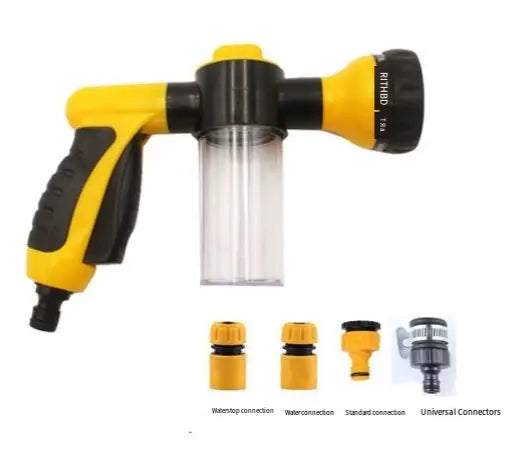 Outdoor pet dog wash with high-pressure shower sprayer, grooming brush, and comb for bathing, watering, and car cleaning.