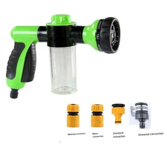 Outdoor pet dog wash sprayer with high-pressure shower, grooming brush, and comb for bathing, watering, and car cleaning.