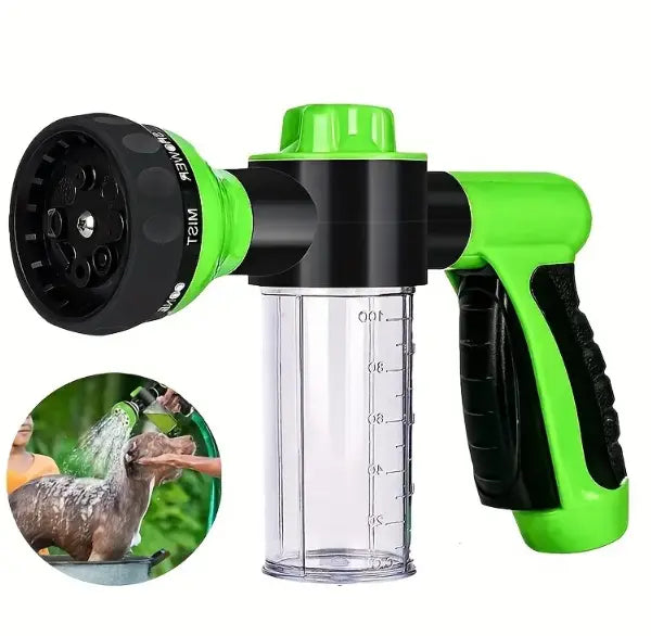 Outdoor Pet Dog Wash with high-pressure shower spray, grooming brush, and comb for bathing, watering, and car cleaning.