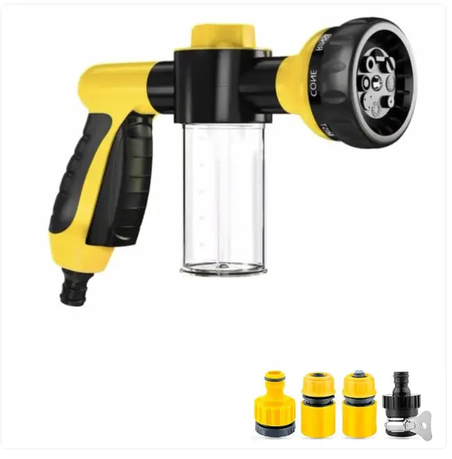 Outdoor high-pressure pet dog wash with shower sprayer, grooming brush, and comb for bathing, watering, and car washing.