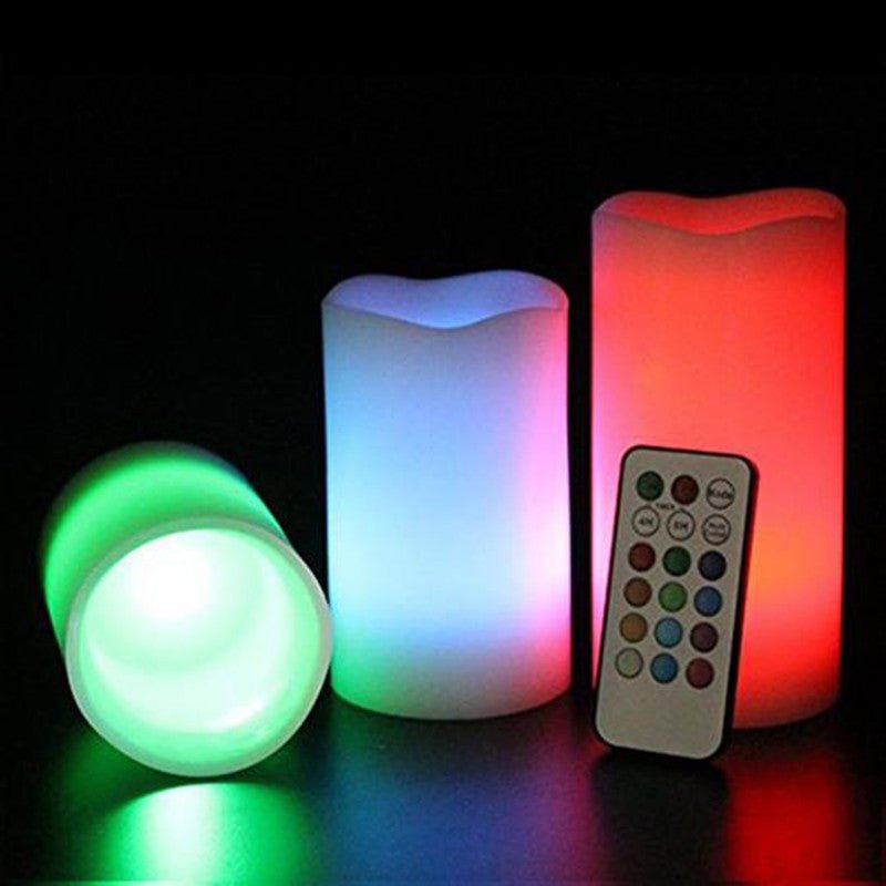 Remote control color-changing plastic candles in various shades, designed for decorative ambient lighting.
