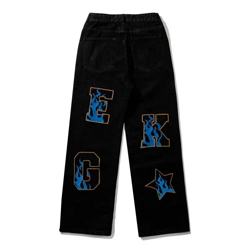 Retro American hip-hop wide-leg jeans for men, featuring classic denim style and relaxed fit with distressed details.