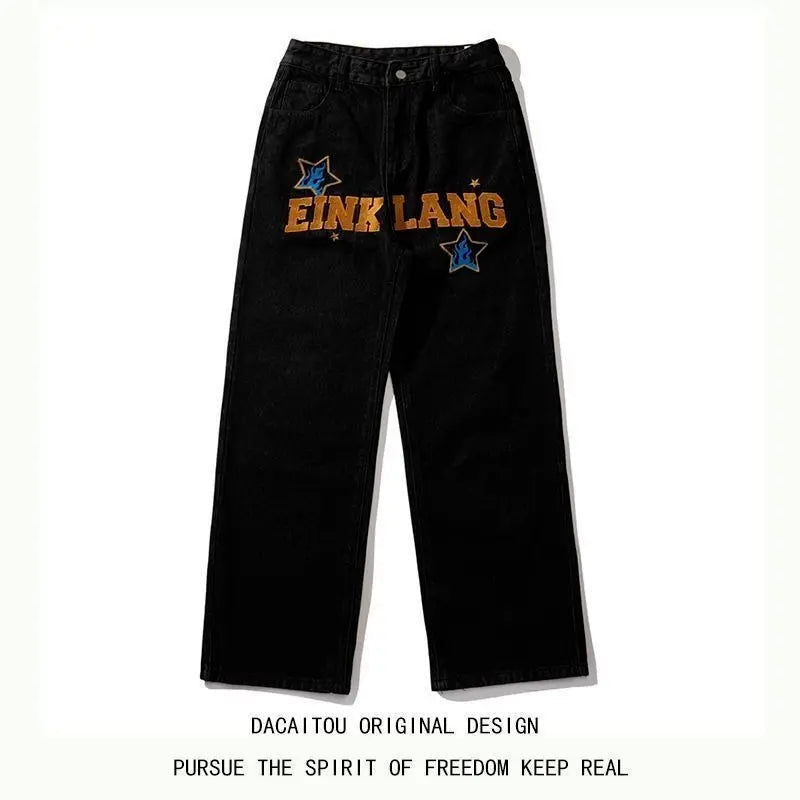 Retro American hip-hop wide-leg jeans for men with distressed details and classic fit, showcasing a casual streetwear style.