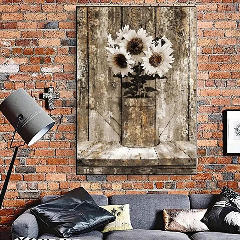 Rustic floral sunflower canvas wall art featuring vibrant sunflowers and rustic design, ideal for home decor.