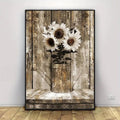 Rustic floral sunflower canvas wall art featuring vibrant yellow sunflowers and greenery, perfect for home decor.