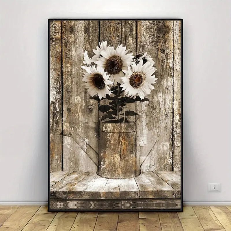 Rustic floral sunflower canvas wall art featuring vibrant yellow sunflowers and greenery, perfect for home decor.